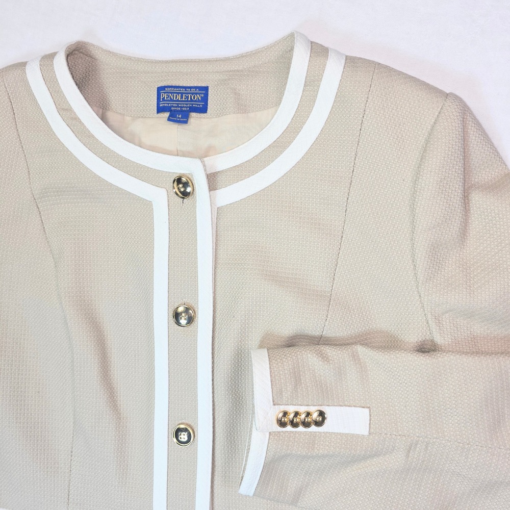 Pendleton Womens Beige Cotton Basketweave Skirt Suit Set Gold Buttons Size 14‎